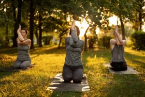Morning group practice outdoors at golden hour