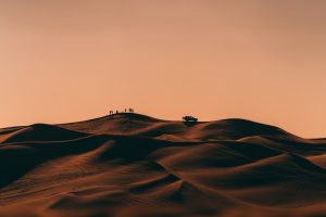 Silhouettes of travellers and a guide walking across desert sand at dusk.