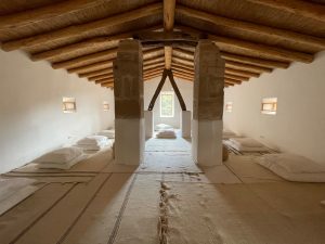 A quiet yoga retreat room filled with beds and warm natural light.