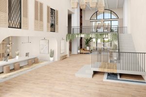 A bright Mediterranean-style interior with natural textures and a water feature.